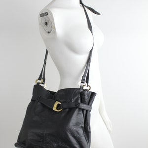 Vintage 1980s Leather Purse Belted Cinch Top Shoulder Bag Supple Black Leather Bag image 2