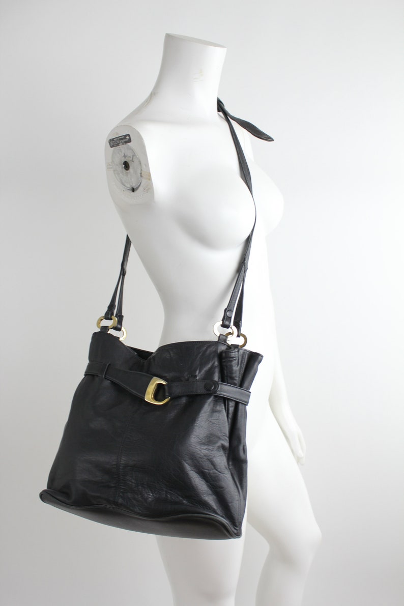 Vintage 1980s Leather Purse Belted Cinch Top Shoulder Bag Supple Black Leather Bag image 2