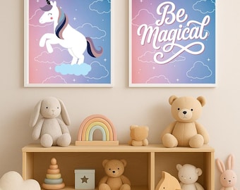 Unicorn Nursery Art Set, Rainbow Cloud Print (Digital Download)