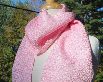 Handwoven Scarf, Natural, Cotton, Rayon, Hand Woven, White, Bone, Ivory, Pink