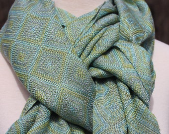 Fine Echo, Handwoven Scarf, Long, Tencel, Hand Woven, Woven, Hand Dyed, Original, Diamond, Silver, Green, Blue