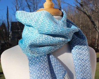 Handwoven Scarf, Scarf, Wide, Tencel, Hand Woven, White, Blue, Short