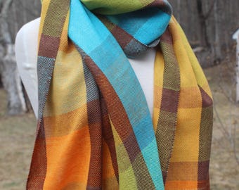 Gradient Boxes Handwoven Wide Scarf, Wrap, Cotton, Tencel, Lyocell, Hand woven, Hand Dyed, Yellow, Orange, Green, Blue, Brown