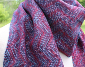 Handwoven Scarf, Tencel, Burgundy, Blue, Aqua