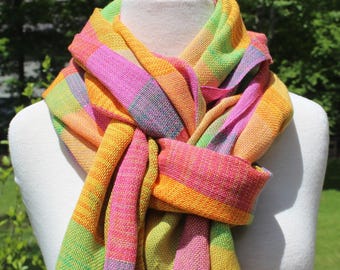 Handwoven Tencel Wrap: Rainbow Plaid Scarf, Hand-Dyed Cotton Blend