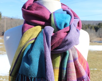 Prism Stripes Handwoven Wide Scarf, Wrap, Cotton, Tencel, Lyocell, Hand woven, Hand Dyed, Rainbow, Pink, Purple, Green, Blue, Yellow, Black