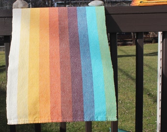 Technicolor White Kitchen Towel, Handwoven, Woven, Brown, Rust, Orange, Yellow, Green, Blue, White, Cotton, Kitchen, Tea, Towel, Rainbow