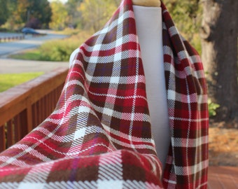 Handwoven Scarf, Plaid, Red, White, Brown, Purple, Merino, Tencel