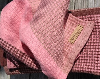 Chocolate Strawberry Creme Striped Kitchen Towel, Handwoven, Woven, Brown, Pink, Plaid, Tea Towel, Pink Weft
