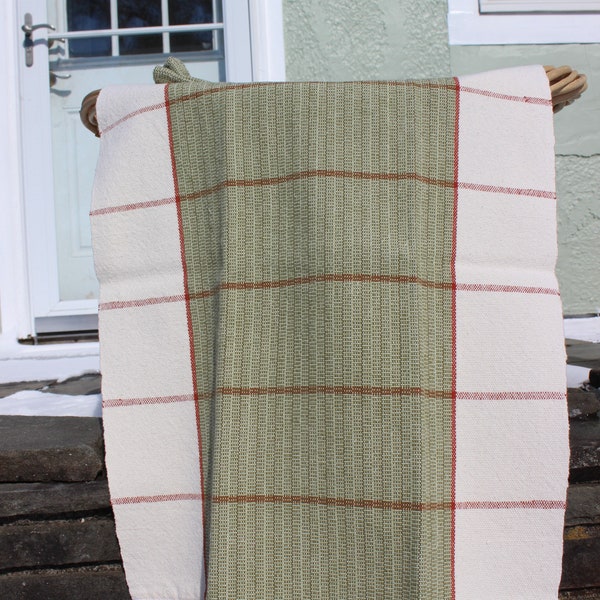 Green Basket Weave Kitchen Towel, Handwoven, Woven, Green, Rust, Natural, Tea Towel, Stripes