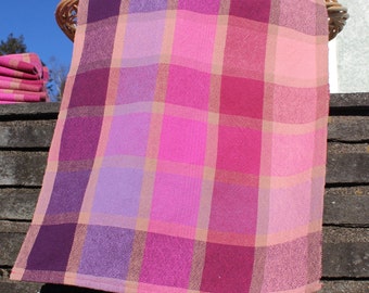 Pink Boxes Kitchen Towel, Handwoven, Woven, Pink, Purple, Tan, Checkers, Cotton, Kitchen, Tea, Towel