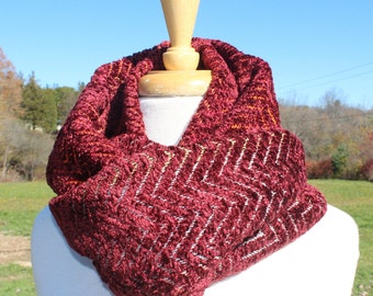 Burgundy Chenille Cowl, Handwoven, Hand Woven, Woven, Burgundy, Red, Orange, Yellow, Green, Blue, Tan, Cotton, Cowl