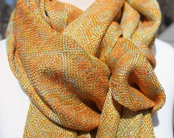 Fine Echo, Handwoven Scarf, Long, Hand Dyed, Tencel, Hand Woven, Woven, Original, Diamond, Twill, Orange, Green, Blue