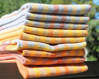 Yellow Orange Gray and Rust Stripes Kitchen Towel, Handwoven, Woven, Gray, Orange, Yellow, Rust, Stripes, Cotton, Kitchen, Tea, Towel, Twill