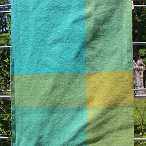 Handwoven Cotton Kitchen Towel: Turquoise & Lime Green Broken Twill