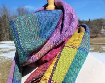 Prism Boxes Handwoven Wide Scarf, Wrap, Cotton, Tencel, Lyocell, Hand woven, Hand Dyed, Rainbow, Pink, Purple, Green, Blue, Yellow