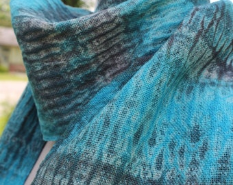 Handwoven Scarf, Shibori, Blue, Grey, Original