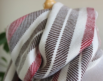 Handwoven Scarf, Twill, Stripes, Red, White, Brown, Merino, Tencel