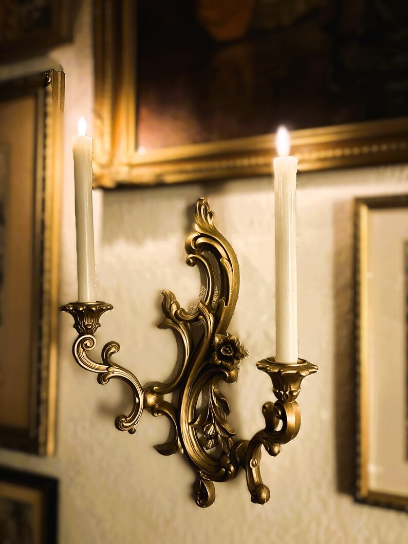 Vintage 1959 Syroco Gold Wall-Mounted Candelabras Set of 2 Ornate Rococo Floral