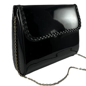 Vintage Midcentury Ande Handbag Black Clutch Purse Patent Leather with Chain