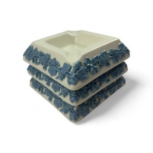 Wedgwood 1950s Embossed Queensware Square Ashtrays Set of 3 White w Blue Relief
