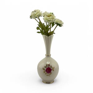 Vaso vintage Lenox Bud – porcellana avorio con finiture dorate e motivo a rosa