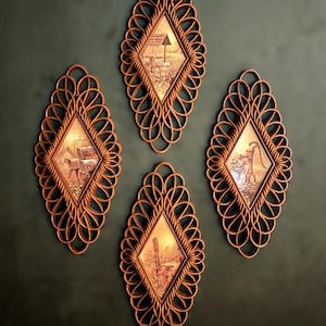 Vintage 1975 Burwood Wall Art Set – Rustic Farmhouse Diamond Frames (Set of 4)