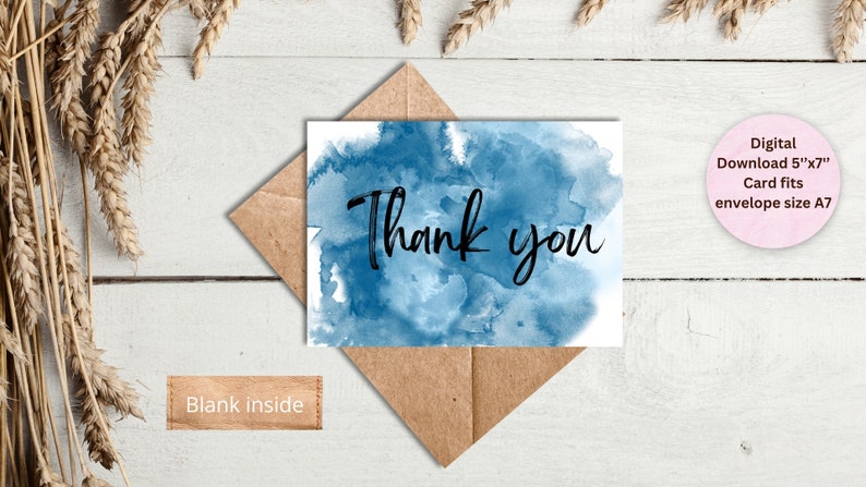 Blue Watercolor Thank You Card Printable Card Instant Download PDF - Etsy