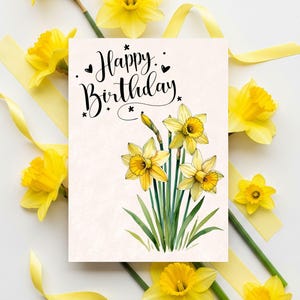 Carte d'anniversaire imprimable en mars avec bouquet de fleurs jonquilles, carte de voeux numérique pour elle avec modèle d'enveloppe à télécharger instantanément