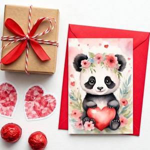 Cartão de panda fofo para impressão, ideias de presentes de aniversário, cartão em branco em aquarela para ele e ela, saudação digital para casais, carta dos EUA A4