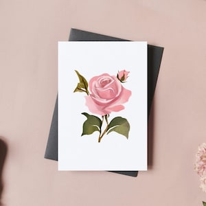 Carte de voeux numérique florale rose rose, carte aquarelle toutes les occasions, carte vierge imprimable, anniversaire, mariage, sympathie, carte de remerciement