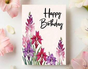 Gladiolus Birthday Card: August Birthflower Watercolor Design (Digital Download)