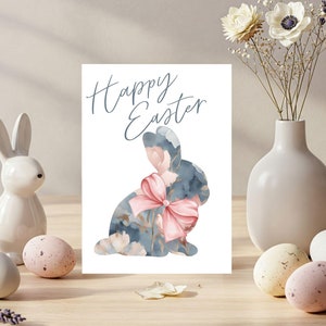 Chinoiserie Frohe Ostern Hase Karte, rosa blaues Kaninchen zum Ausdrucken, Osterkarte, Grußkarte, Chinoiserie Muster, US Letter A4, Instant Download