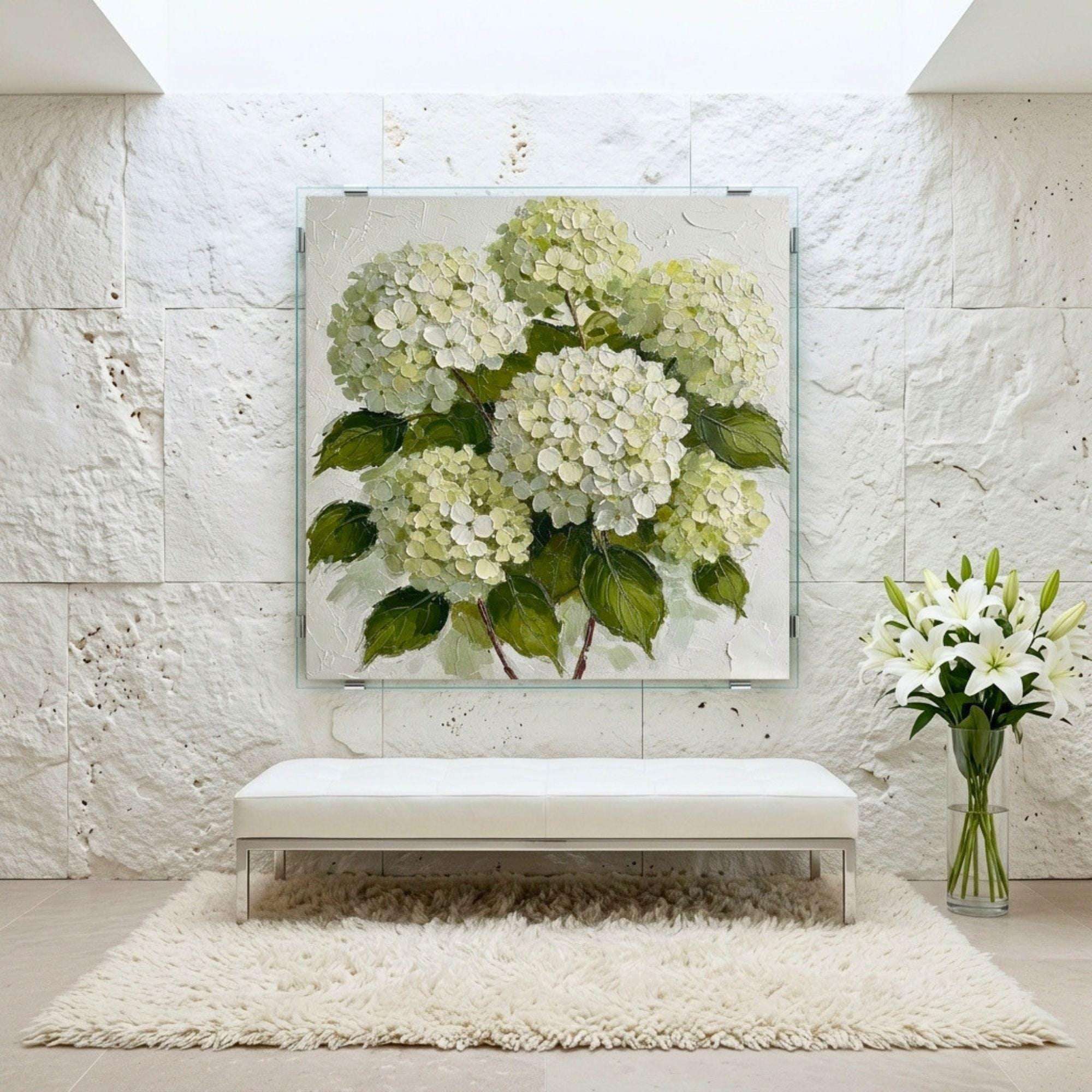 White Hydrangea Oil Painting Print: Abstract Floral Farmhouse Wall