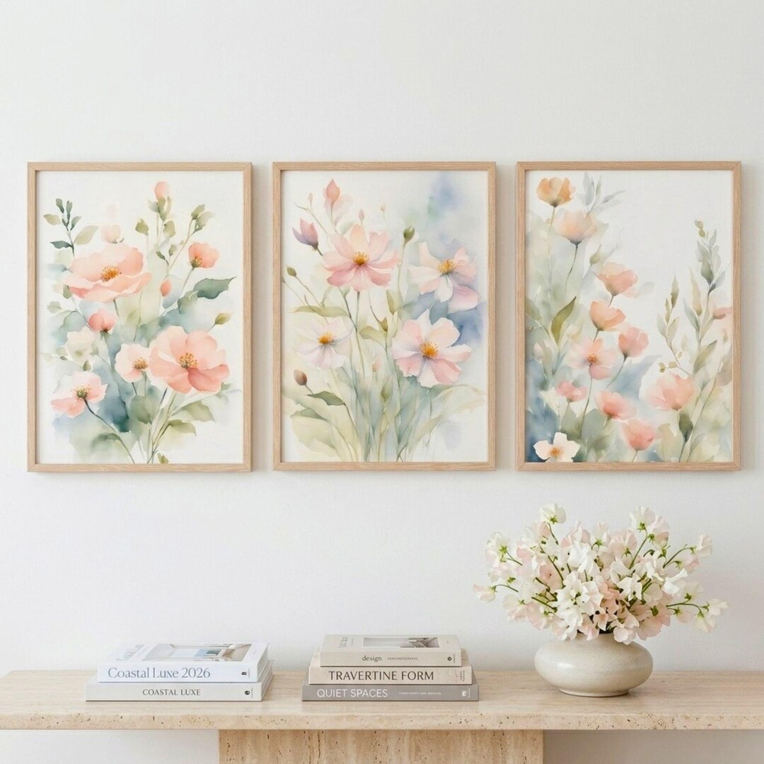 Cottagecore Floral Wall Art Set: Pink & Green Watercolor Prints