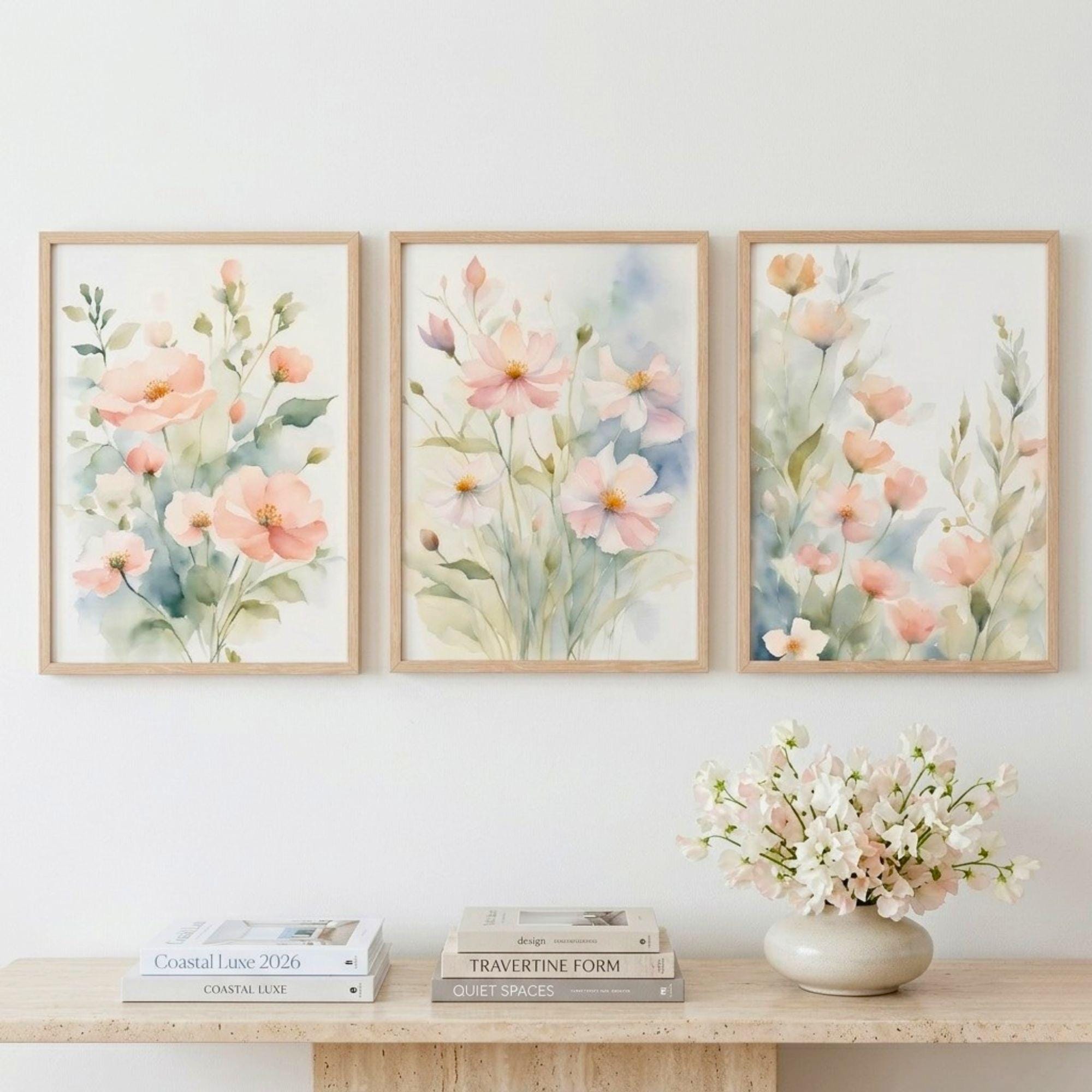 Cottagecore Floral Wall Art Set: Pink & Green Watercolor Prints