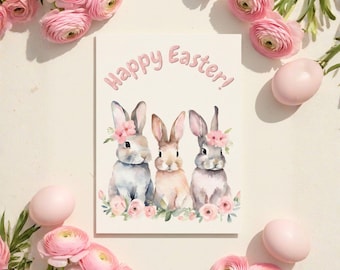 Watercolor Easter Bunny Card, Floral Rabbit Printable (Digital Download)