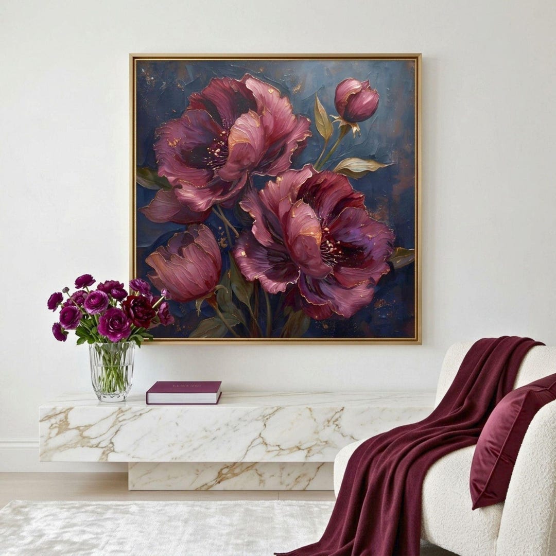 Floral Wall Art : Dark Plum Moody Peony Oil Painting (digital Download ...