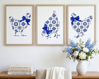 Láminas de pollos estilo chinoiserie: decoración rústica con flores azules (juego de 3 piezas de arte digital)