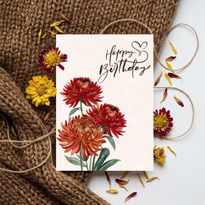 Printable November Birthflower Birthday Card for Her Instant Download Fall Chrysanthemum Greeting Card with Gift Tag and Envelope Template