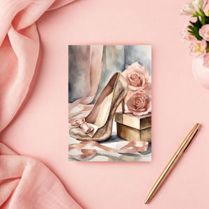 Afdrukbare wenskaart met hoge hak voor vrouwen DIY bloemen blanco kaart voor verjaardag bedankje aanmoedigingscadeau met gratis envelopsjabloon