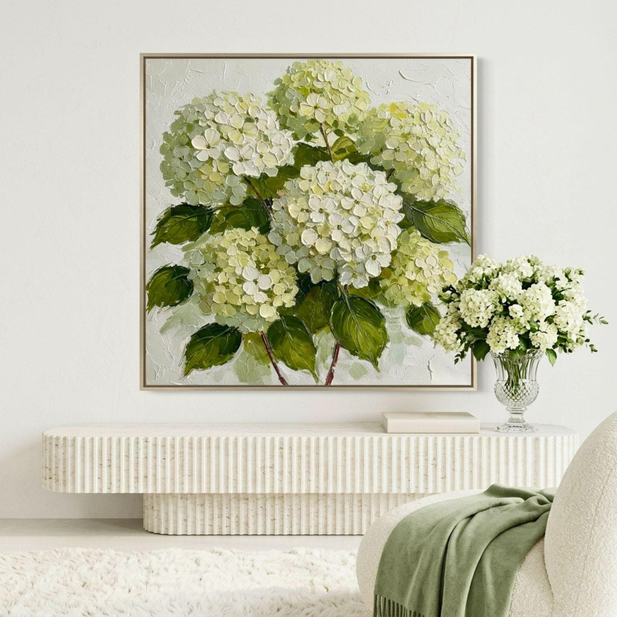 White Hydrangea Oil Painting Print: Abstract Floral Farmhouse Wall