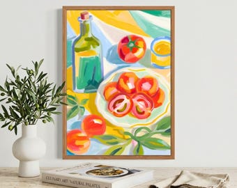 Arte de parede para cozinha: Pintura a óleo vibrante de tomate mediterrâneo (Download digital)