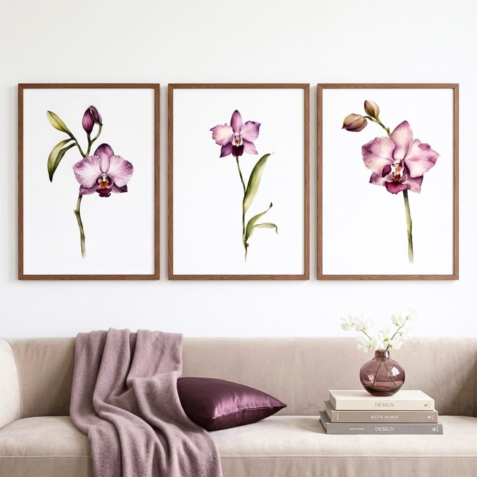 Purple Orchid Watercolor Print Set: Minimalist Floral Wall Art