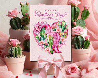 Carte de Saint-Valentin, bottes de cowboy roses et cactus, motif coeur western, carte romantique pour elle, femme, ami, téléchargement immédiat