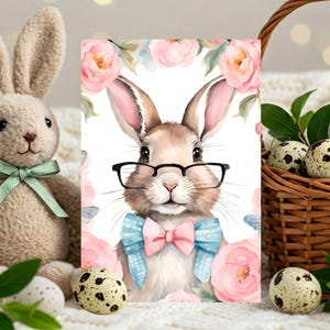 Retro Watercolor Bunny Happy Easter Card, biglietto di auguri digitale, stampabile con coniglio floreale, interno vuoto, formato lettera USA e A4, download immediato