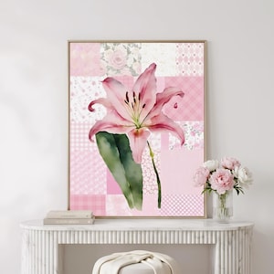 Unique Wall Art : Pink Patchwork Lily Print (Digital Download)