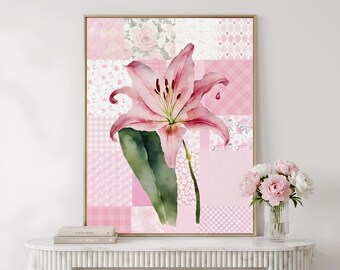 Unique Wall Art : Pink Patchwork Lily Print (Digital Download)