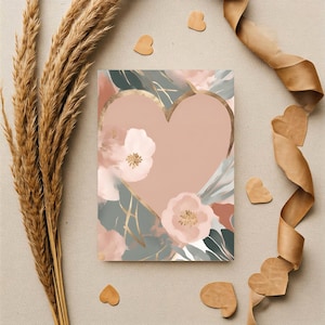 Tarjeta de felicitación de corazón floral imprimible para toda ocasión con plantilla de sobre gratis. Tarjeta en blanco para cumpleaños, aniversarios y apoyo amoroso.