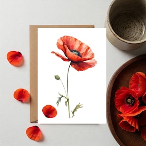 Red Poppy Printable Card, All Occasion Greeting Card, Blank Inside, Minimalist Design, Love Card, Birthday Card, Print at Home